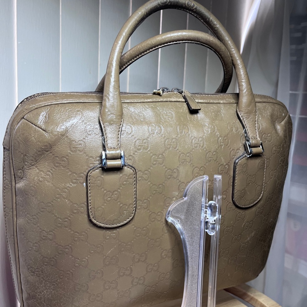 Gucci GG Supreme Briefcase Olive Green Leather broken zipper pull - Picture 4 of 17